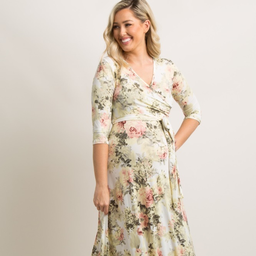 Pink blush Ivory Floral Maternity Wrap Maxi Dress